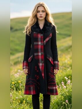 Papillon Blanc Black Coat with Red Plaid Accents and Faux Fur Collar